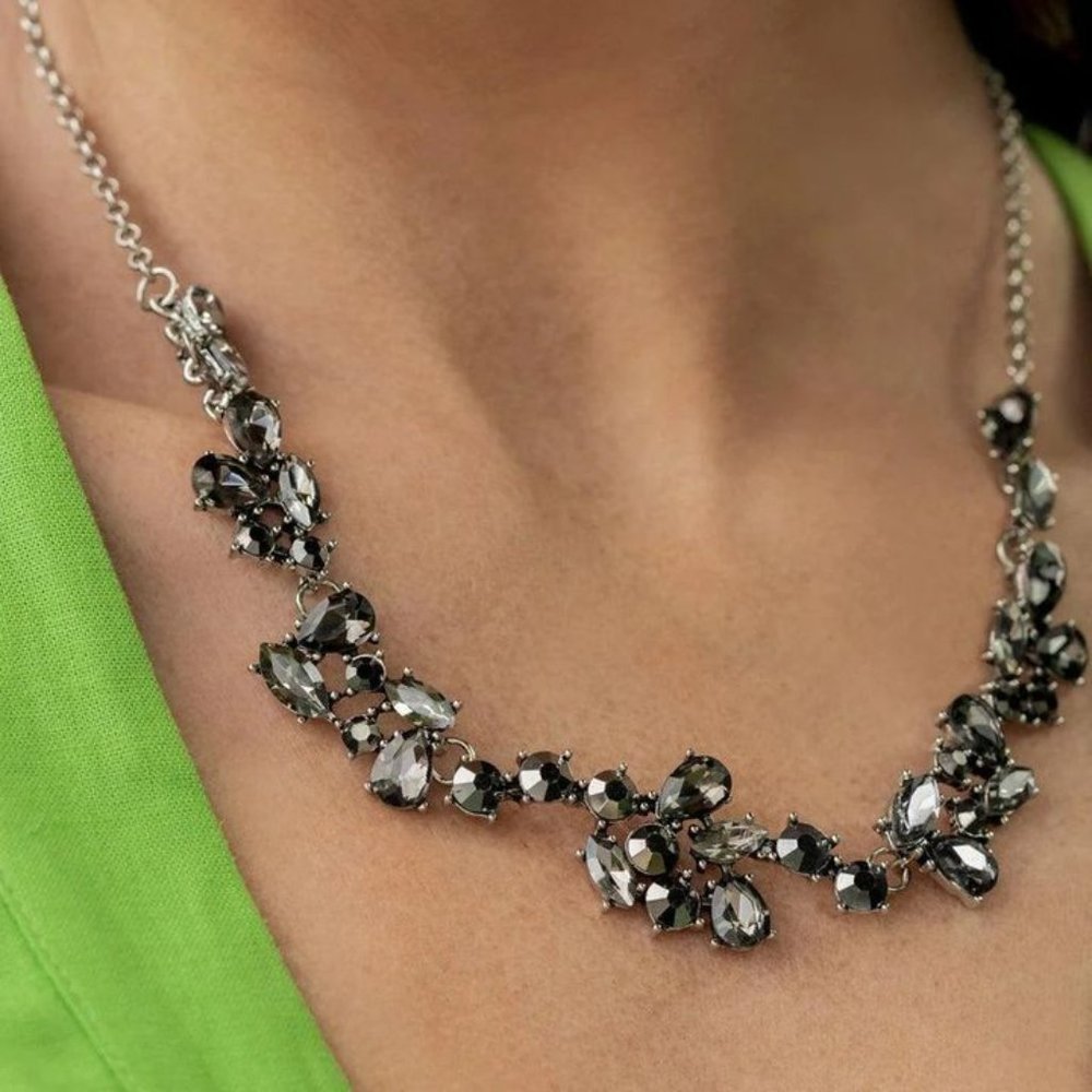 Necklace, marquise, and round smokey gems